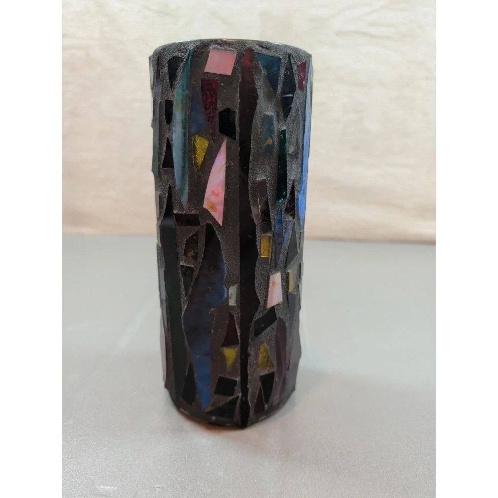 Designs by Annie Vintage Mosaic Glass Vase Handmade Multicolor Cylinder 9 inch
